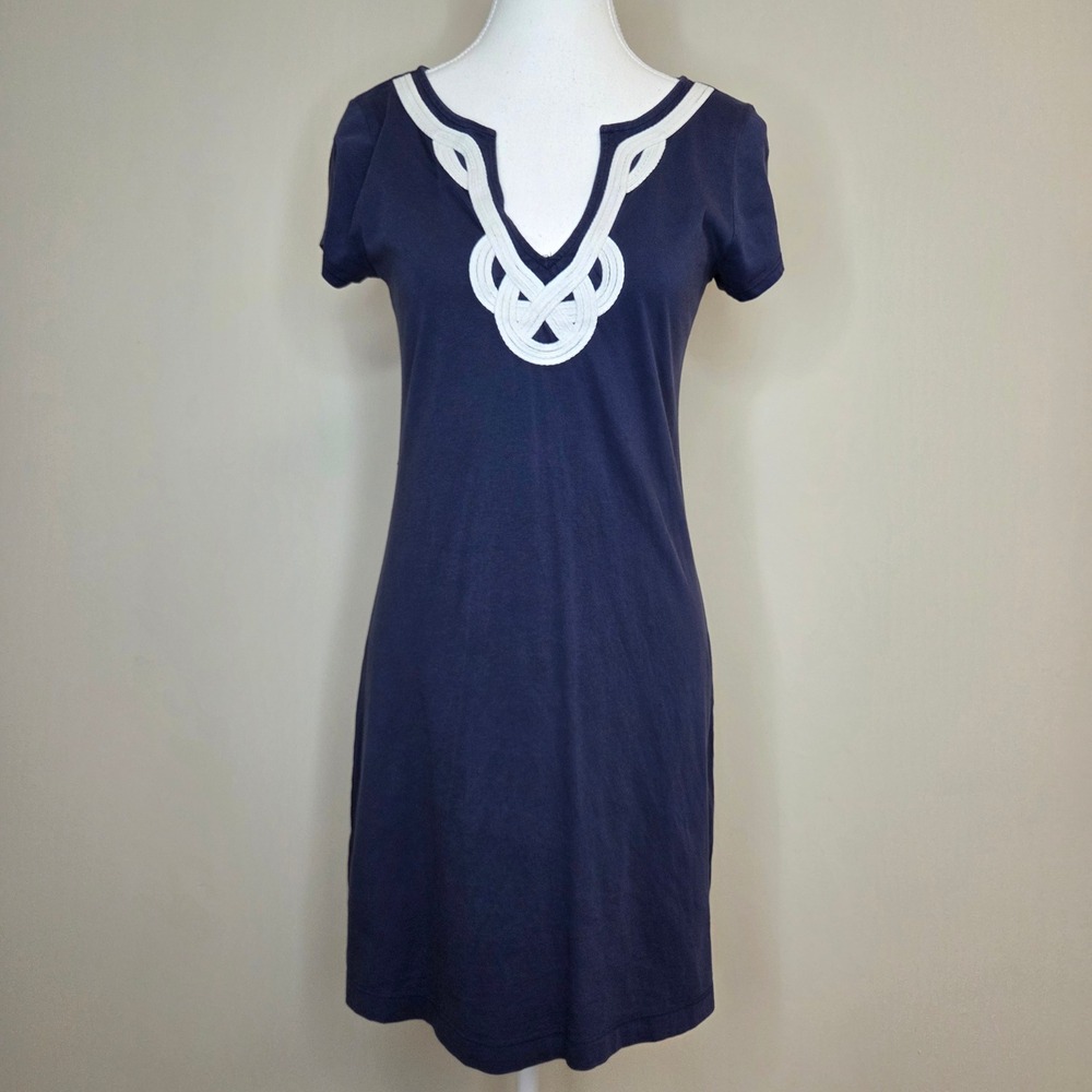 Lilly Pulitzer Navy Blue Pima Cotton‎ Braided Neck T-Shirt Dress Small